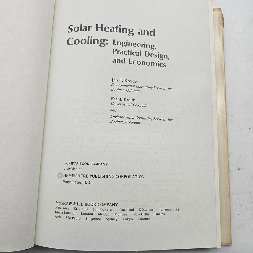 Vintage 1975 Solar Heating And Cooling Kreider Kreith HC McGraw-Hill Energy